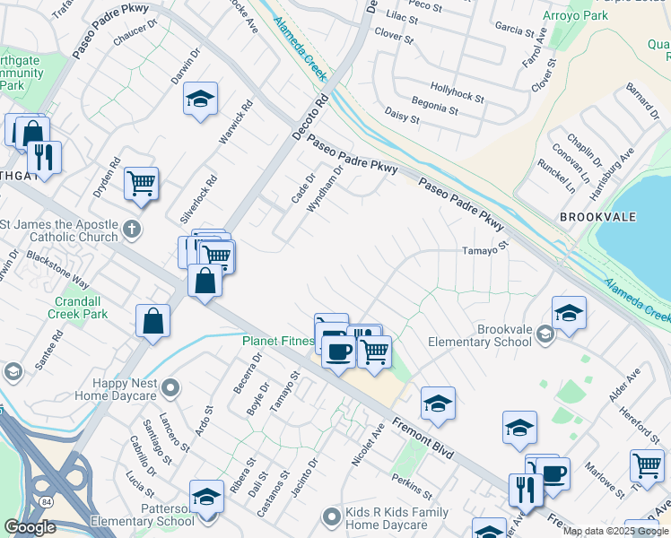 map of restaurants, bars, coffee shops, grocery stores, and more near 35415 Woodbridge Place in Fremont