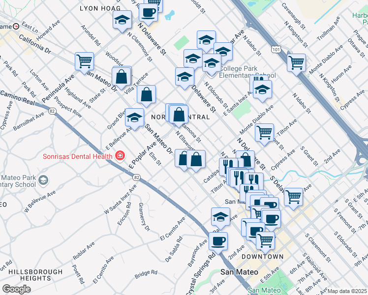 map of restaurants, bars, coffee shops, grocery stores, and more near 225 East Santa Inez Avenue in San Mateo