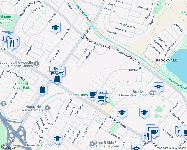 map of restaurants, bars, coffee shops, grocery stores, and more near 35415 Woodbridge Place in Fremont