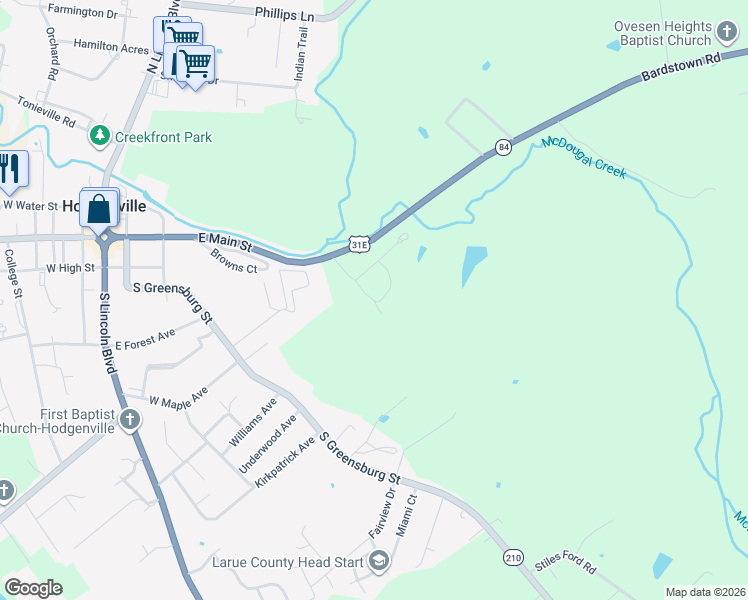 map of restaurants, bars, coffee shops, grocery stores, and more near 100 Forest Hill Road in Hodgenville