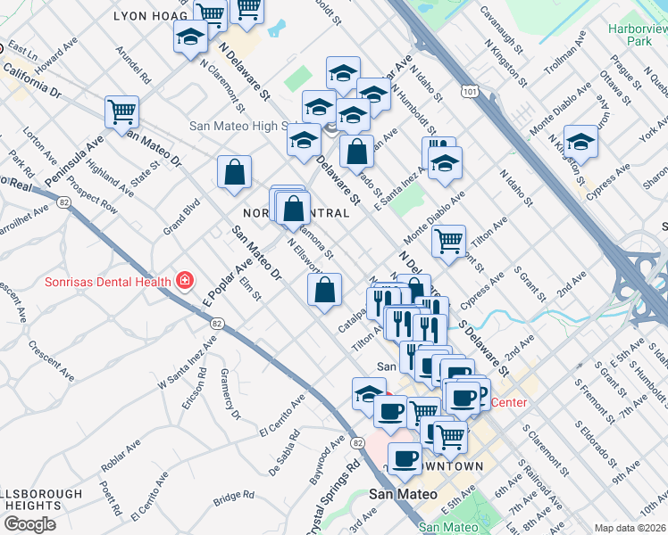map of restaurants, bars, coffee shops, grocery stores, and more near 235 Ramona Street in San Mateo
