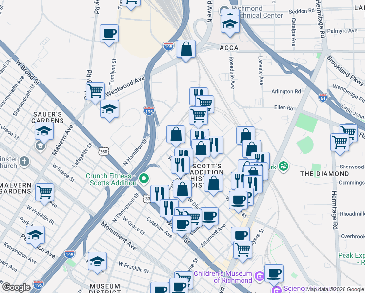 map of restaurants, bars, coffee shops, grocery stores, and more near 3408 West Moore Street in Richmond