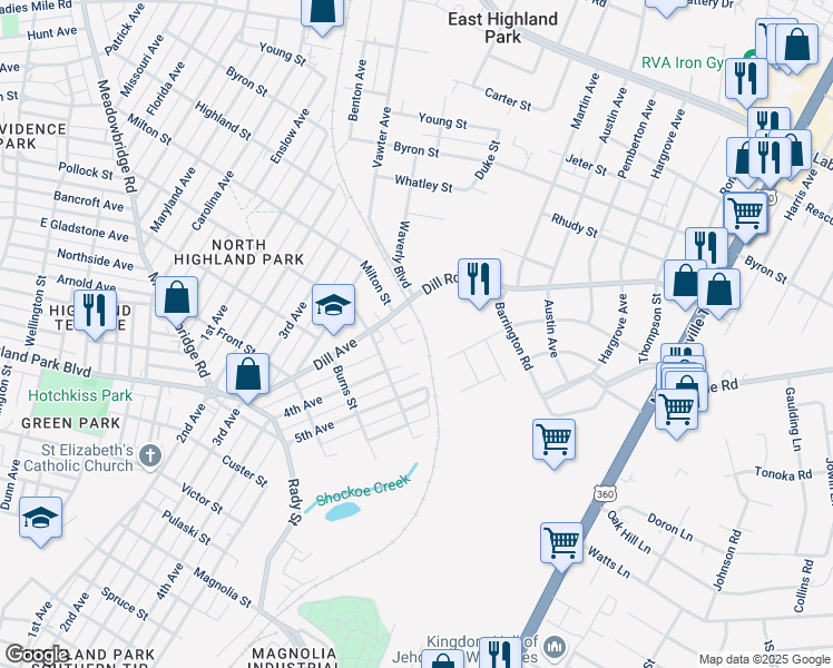 map of restaurants, bars, coffee shops, grocery stores, and more near 3369 Dill Avenue in Richmond