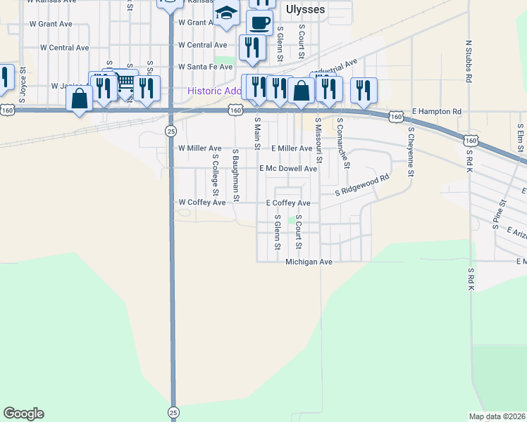 map of restaurants, bars, coffee shops, grocery stores, and more near 101-141 East Coffey Avenue in Ulysses
