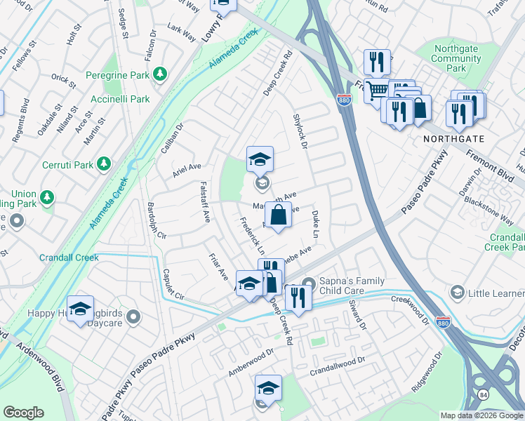 map of restaurants, bars, coffee shops, grocery stores, and more near 4608 Macbeth Avenue in Fremont