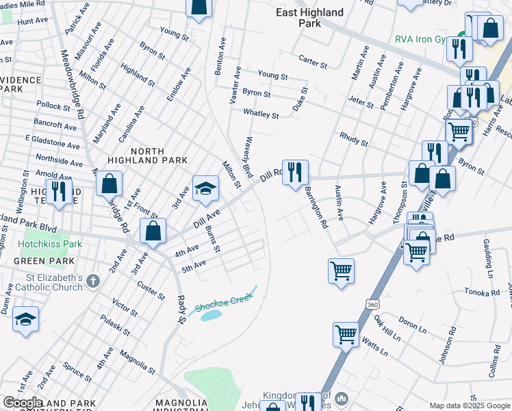 map of restaurants, bars, coffee shops, grocery stores, and more near 3369 Dill Avenue in Richmond