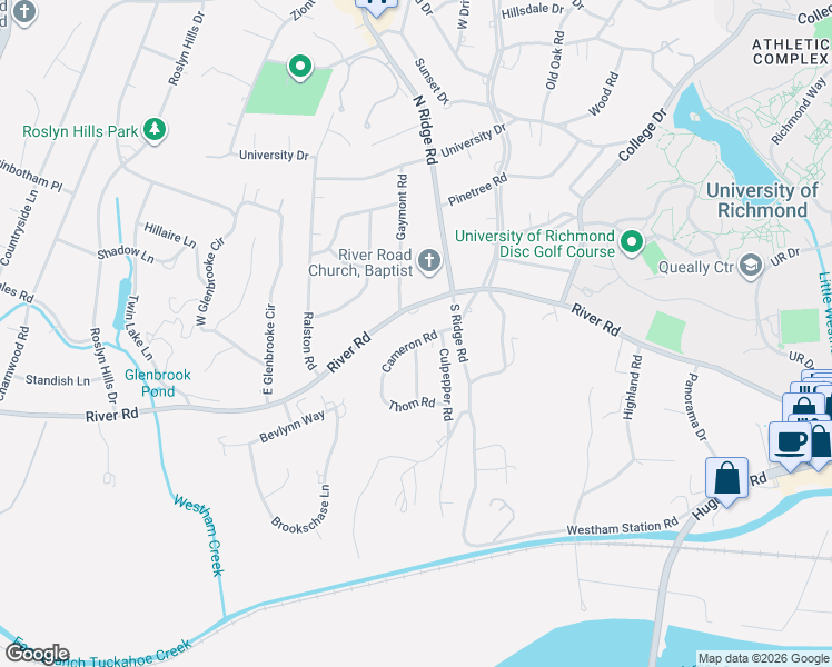 map of restaurants, bars, coffee shops, grocery stores, and more near 8005 River Road in Richmond