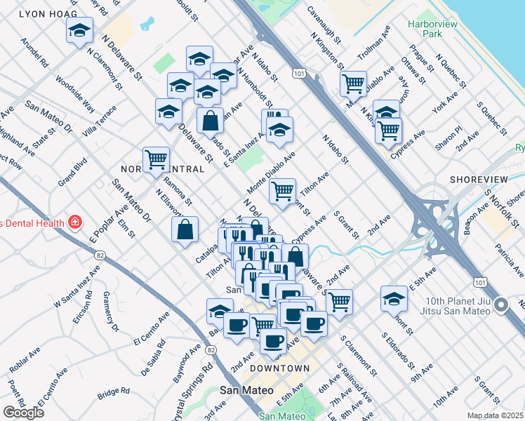 map of restaurants, bars, coffee shops, grocery stores, and more near in San Mateo