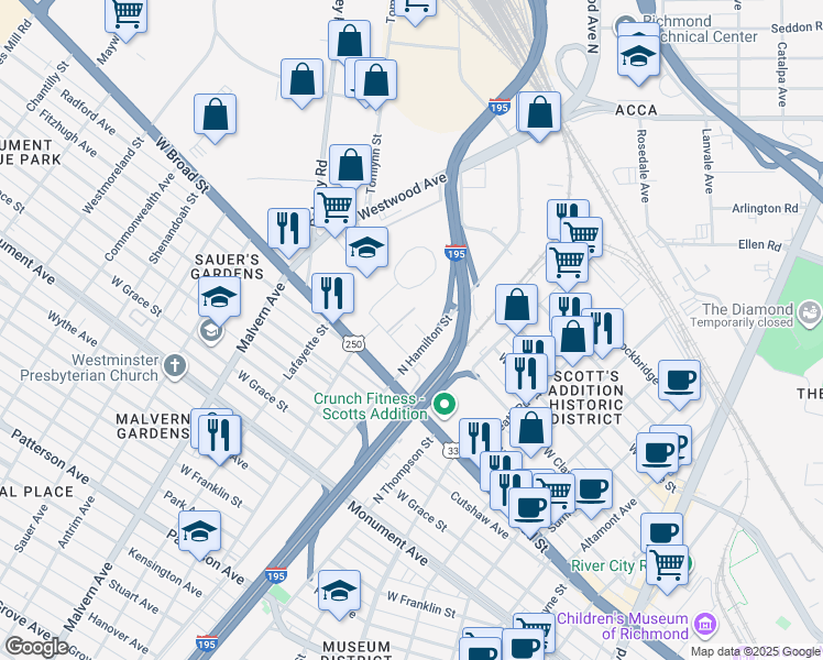 map of restaurants, bars, coffee shops, grocery stores, and more near 1620 North Hamilton Street in Richmond