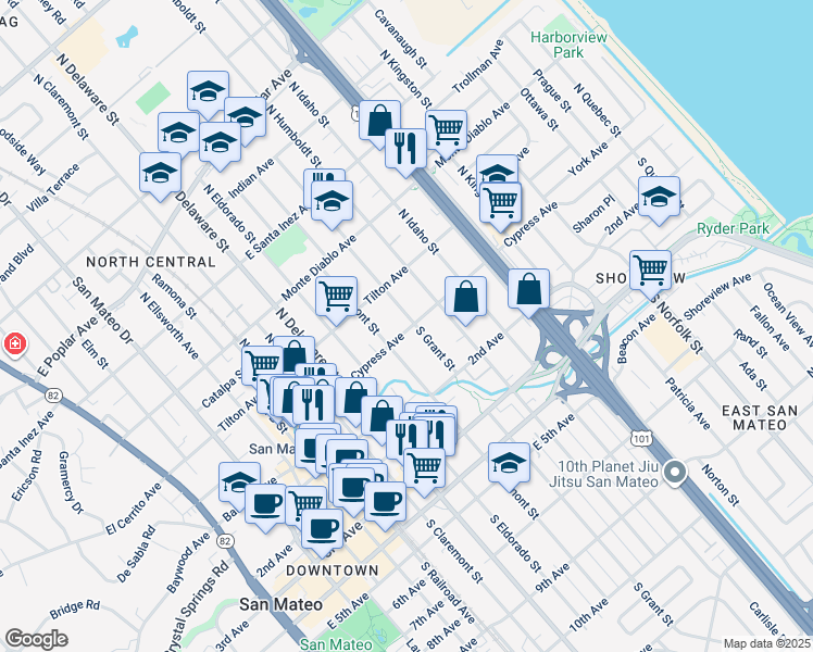 map of restaurants, bars, coffee shops, grocery stores, and more near 3 North Grant Street in San Mateo