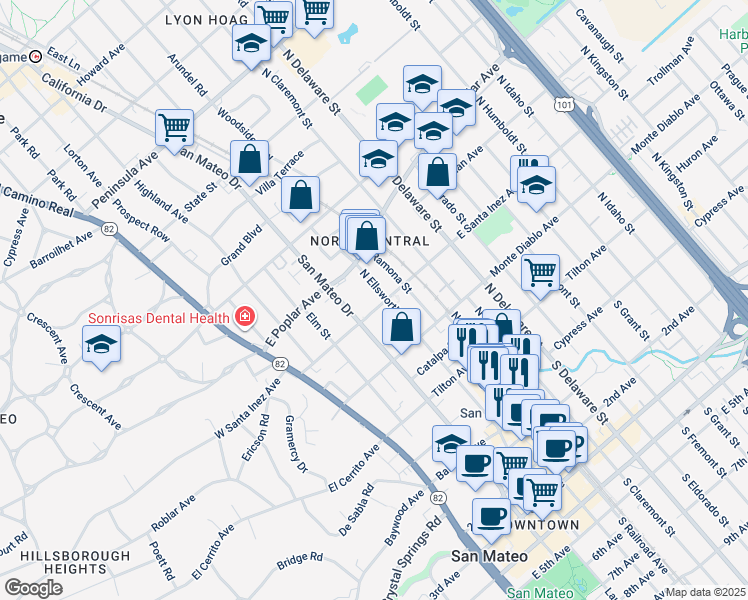 map of restaurants, bars, coffee shops, grocery stores, and more near 329 North Ellsworth Avenue in San Mateo