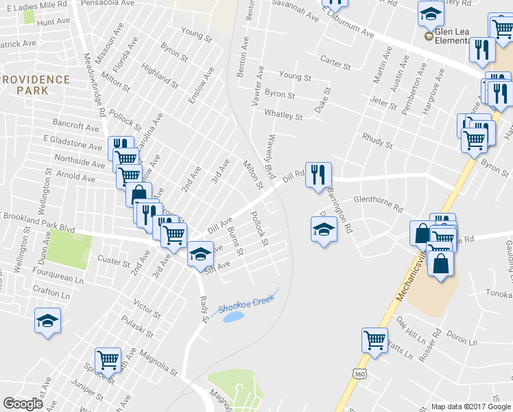 map of restaurants, bars, coffee shops, grocery stores, and more near 1520 Pollock Street in Richmond