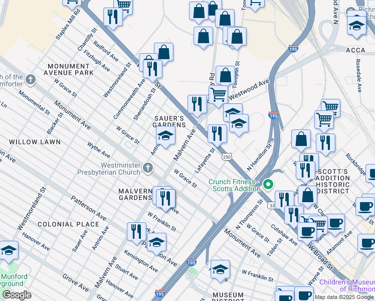 map of restaurants, bars, coffee shops, grocery stores, and more near 4018 Augusta Avenue in Richmond