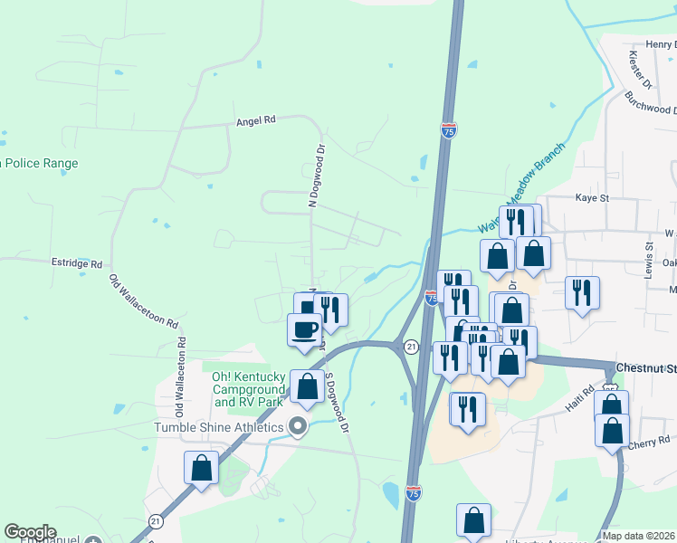 map of restaurants, bars, coffee shops, grocery stores, and more near 308 North Dogwood Drive in Berea
