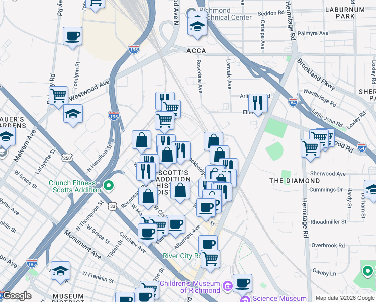 map of restaurants, bars, coffee shops, grocery stores, and more near 1805 Roseneath Road in Richmond