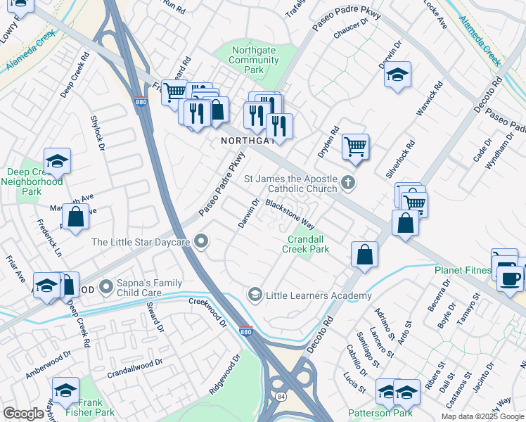 map of restaurants, bars, coffee shops, grocery stores, and more near 34530 Bluestone Common in Fremont