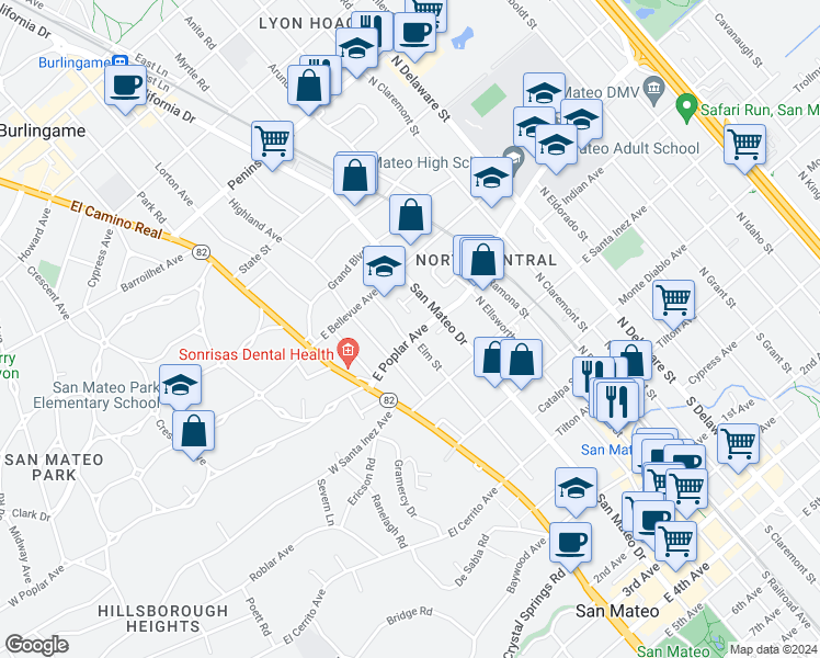 map of restaurants, bars, coffee shops, grocery stores, and more near 424 Turner Terrace in San Mateo
