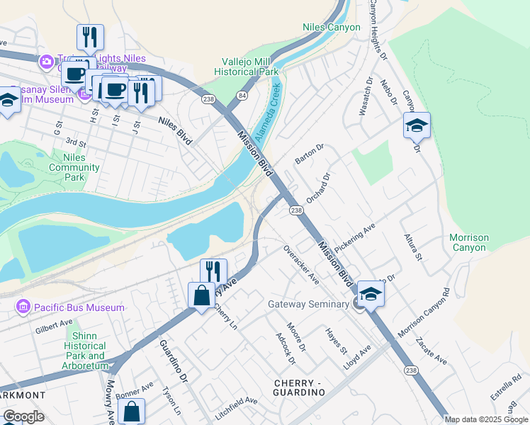 map of restaurants, bars, coffee shops, grocery stores, and more near 78 Mowry Avenue in Fremont