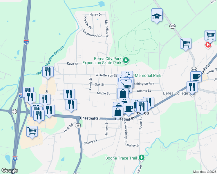 map of restaurants, bars, coffee shops, grocery stores, and more near 113 Oak Street in Berea