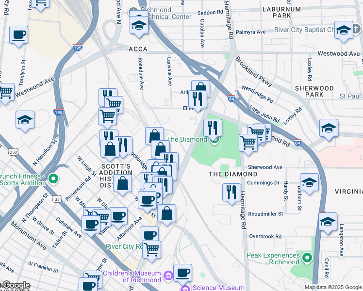map of restaurants, bars, coffee shops, grocery stores, and more near 1017 Boulevard West in Richmond