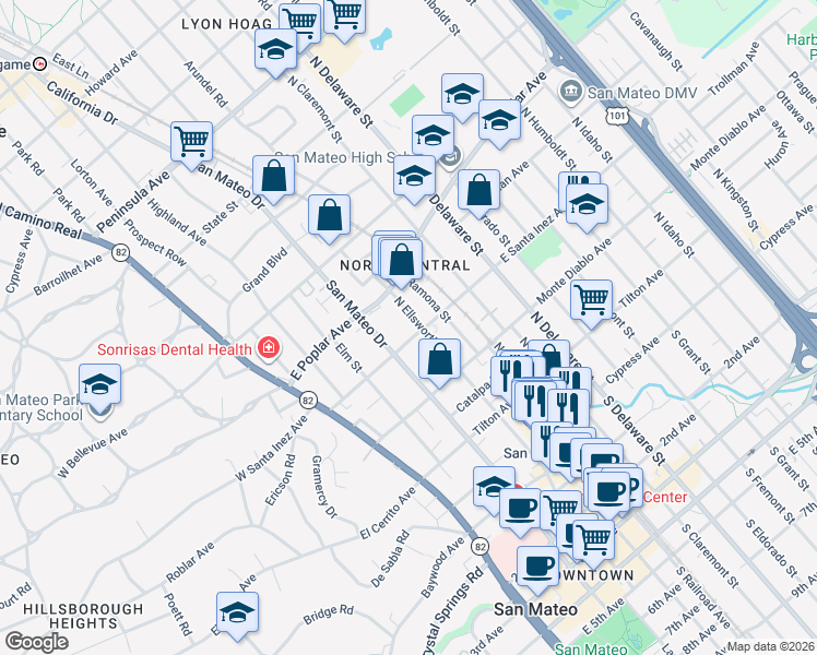 map of restaurants, bars, coffee shops, grocery stores, and more near 225 East Santa Inez Avenue in San Mateo