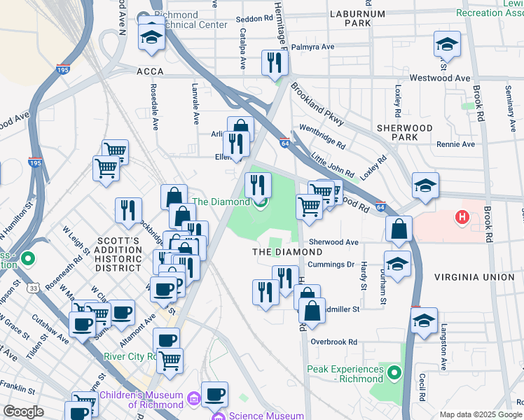 map of restaurants, bars, coffee shops, grocery stores, and more near in Richmond