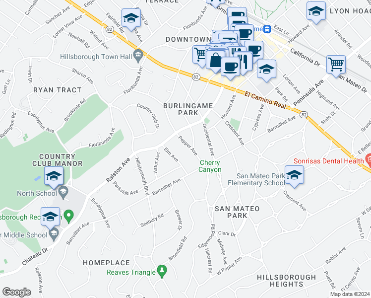 map of restaurants, bars, coffee shops, grocery stores, and more near 141 Pepper Avenue in Burlingame