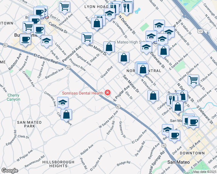 map of restaurants, bars, coffee shops, grocery stores, and more near 448 Highland Avenue in San Mateo