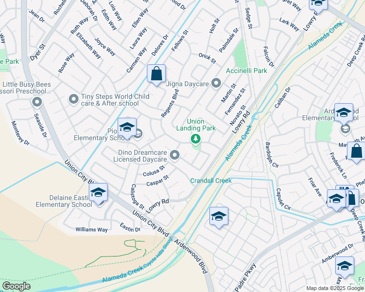 map of restaurants, bars, coffee shops, grocery stores, and more near 4800 La Habra Street in Union City