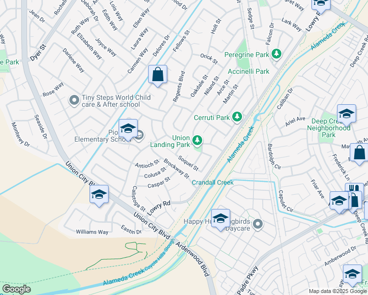 map of restaurants, bars, coffee shops, grocery stores, and more near 4800 La Habra Street in Union City