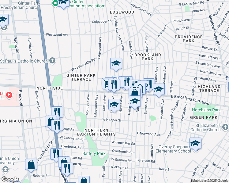 map of restaurants, bars, coffee shops, grocery stores, and more near 224 West Brookland Park Boulevard in Richmond