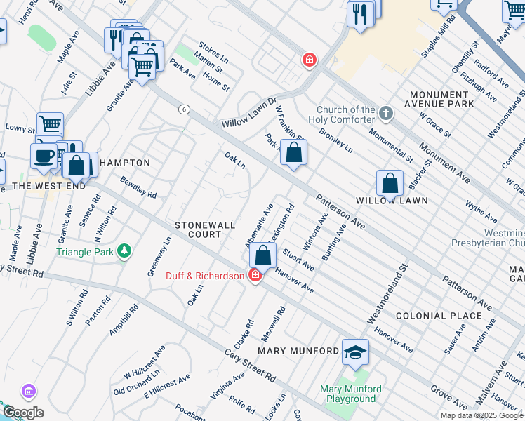 map of restaurants, bars, coffee shops, grocery stores, and more near 346 Albemarle Avenue in Richmond