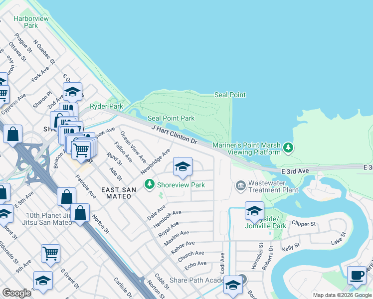 map of restaurants, bars, coffee shops, grocery stores, and more near 1932 Shoreview Avenue in San Mateo