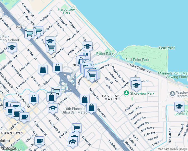 map of restaurants, bars, coffee shops, grocery stores, and more near 400 South Norfolk Street in San Mateo