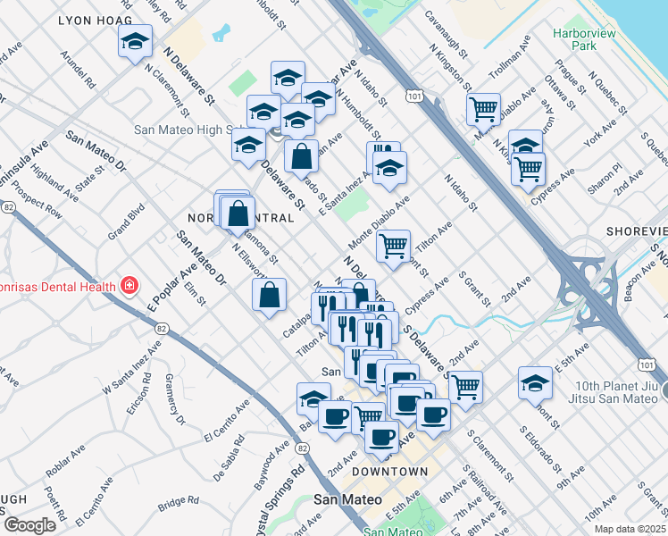 map of restaurants, bars, coffee shops, grocery stores, and more near 509 Monte Diablo Avenue in San Mateo