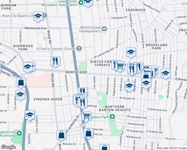 map of restaurants, bars, coffee shops, grocery stores, and more near 3001 Noble Avenue in Richmond