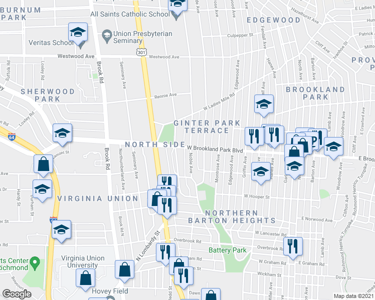 map of restaurants, bars, coffee shops, grocery stores, and more near 3001 Noble Avenue in Richmond