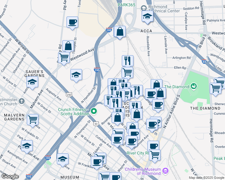 map of restaurants, bars, coffee shops, grocery stores, and more near 1512 Belleville Street in Richmond