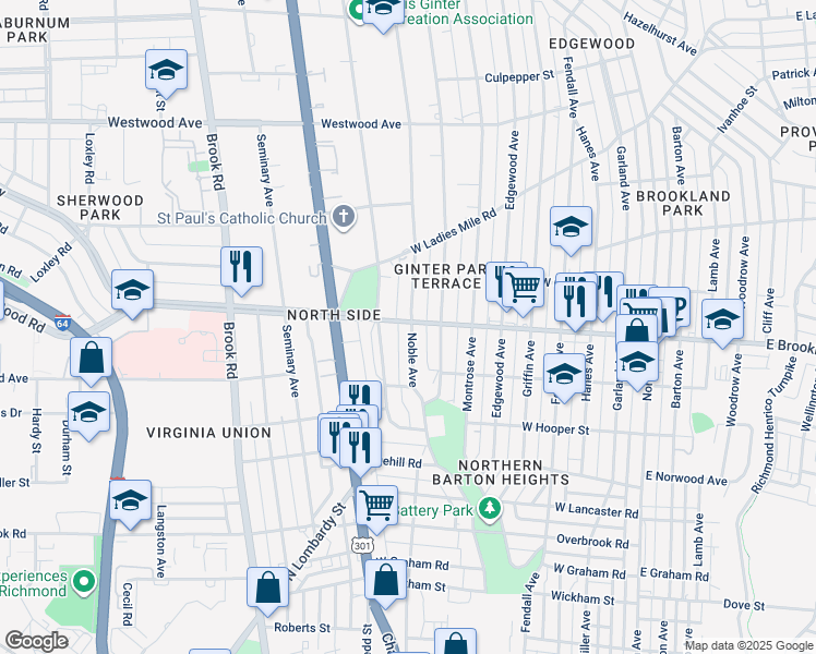 map of restaurants, bars, coffee shops, grocery stores, and more near 3001 Noble Avenue in Richmond