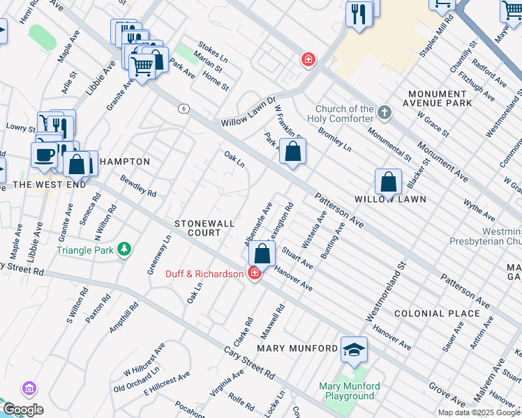 map of restaurants, bars, coffee shops, grocery stores, and more near 346 Albemarle Avenue in Richmond