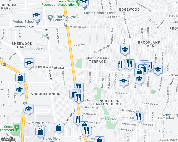 map of restaurants, bars, coffee shops, grocery stores, and more near 2922 Noble Avenue in Richmond
