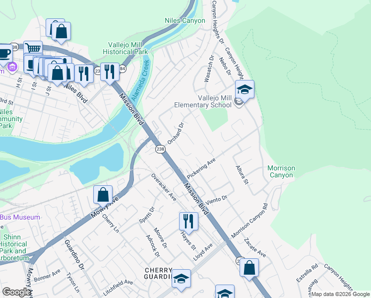 map of restaurants, bars, coffee shops, grocery stores, and more near 38566 Oliver Way in Fremont