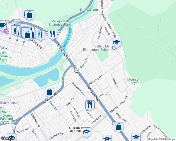 map of restaurants, bars, coffee shops, grocery stores, and more near 38566 Oliver Way in Fremont