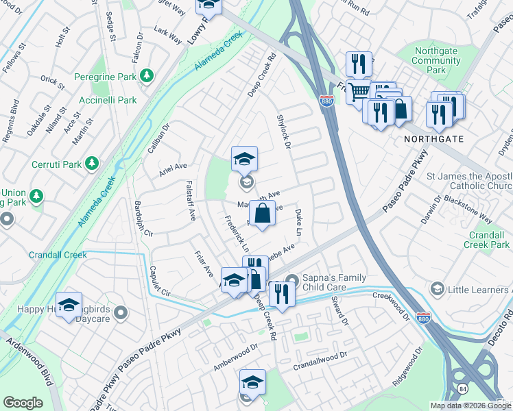 map of restaurants, bars, coffee shops, grocery stores, and more near 4608 Macbeth Avenue in Fremont