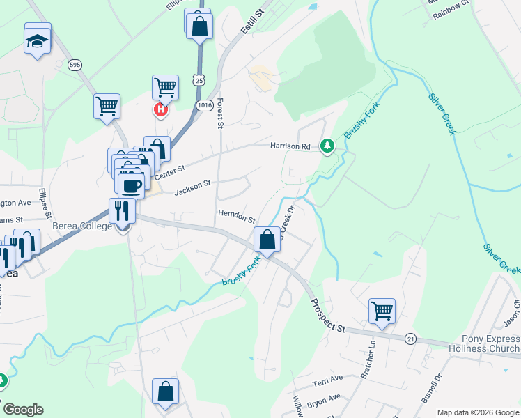 map of restaurants, bars, coffee shops, grocery stores, and more near 207 Dinsmore Street in Berea