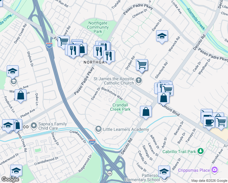 map of restaurants, bars, coffee shops, grocery stores, and more near 4125 Jamaica Terrace in Fremont
