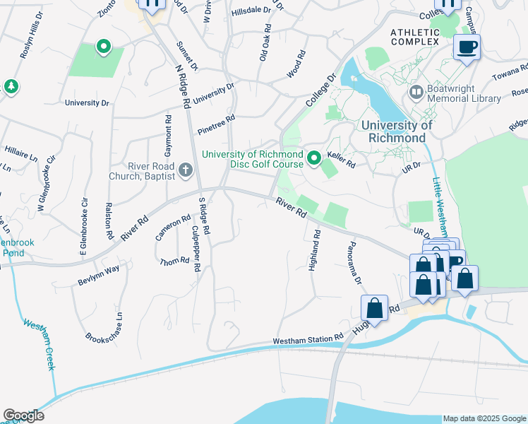map of restaurants, bars, coffee shops, grocery stores, and more near 6709 River Road in Richmond