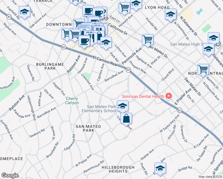map of restaurants, bars, coffee shops, grocery stores, and more near 159 Warren Road in San Mateo
