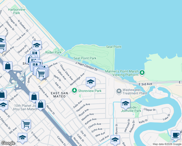 map of restaurants, bars, coffee shops, grocery stores, and more near 1932 Shoreview Avenue in San Mateo