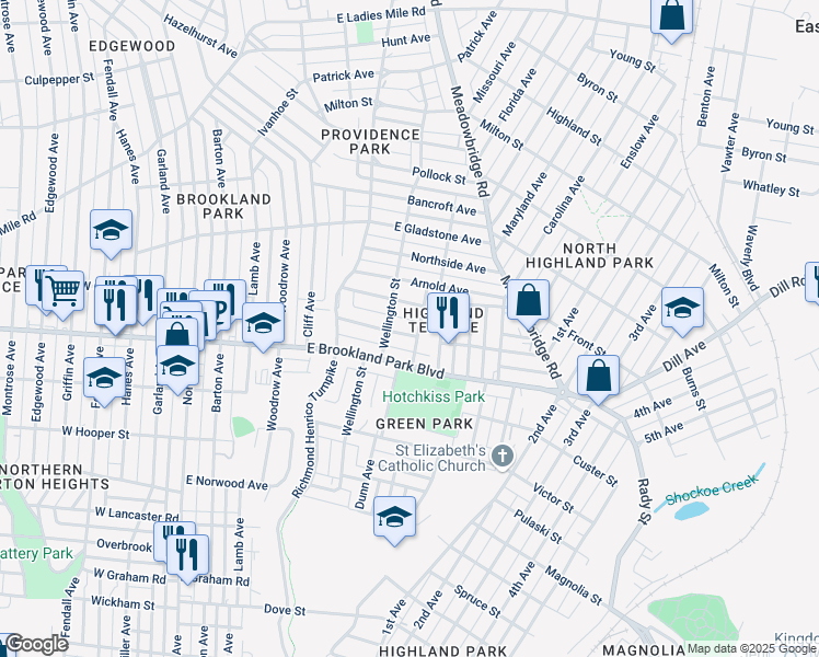 map of restaurants, bars, coffee shops, grocery stores, and more near 610 Montvale Avenue in Richmond